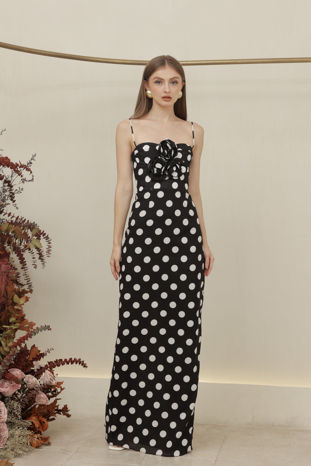 JULIETTE DRESS Strappy Pencil Skirt Maxi with Trio Floral Detail (Black Polkadot) SAME DAY DELIVERY - MEDIUM & LARGE