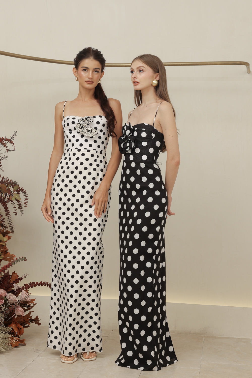 JULIETTE DRESS Strappy Pencil Skirt Maxi with Trio Floral Detail (White Polkadot)