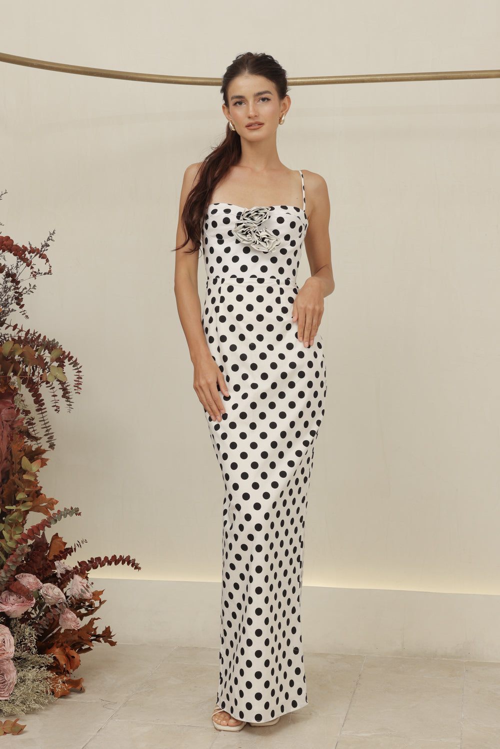 JULIETTE DRESS Strappy Pencil Skirt Maxi with Trio Floral Detail (White Polkadot)