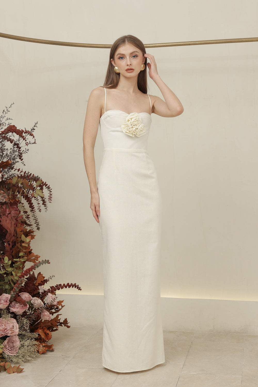 JULIETTE DRESS Strappy Pencil Skirt Maxi with Trio Floral Detail (Ivory White Linen)