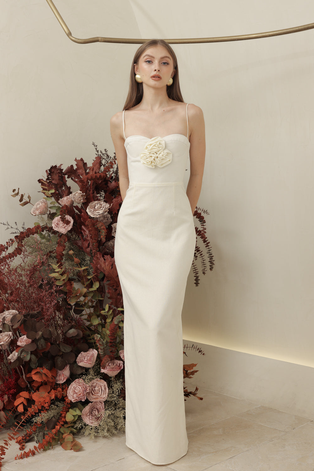 JULIETTE DRESS Strappy Pencil Skirt Maxi with Trio Floral Detail (Ivory White Linen)