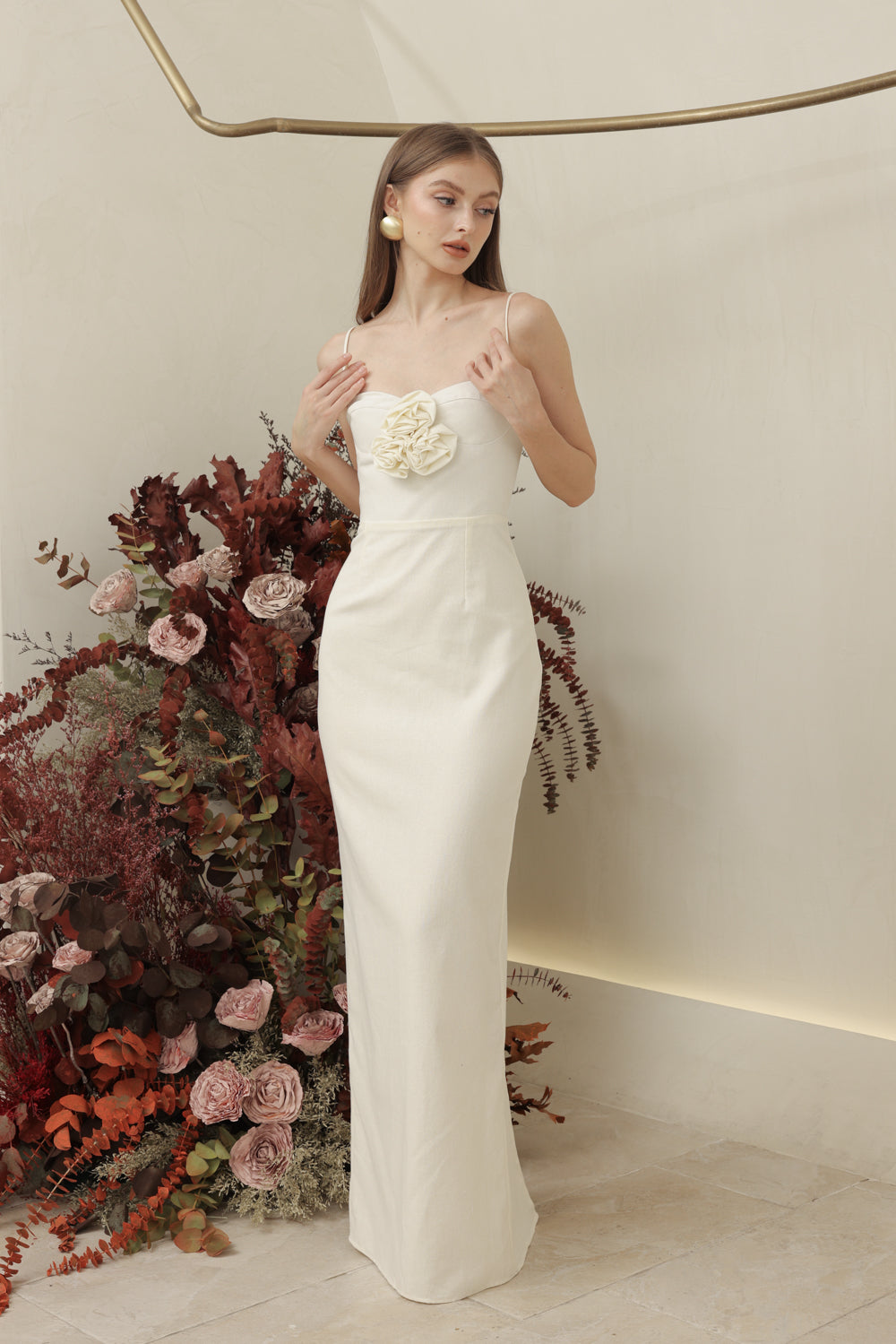 JULIETTE DRESS Strappy Pencil Skirt Maxi with Trio Floral Detail (Ivory White Linen)