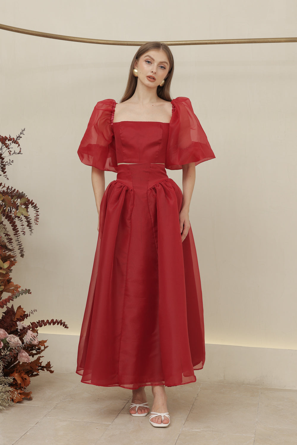 PERLA SET Puff Sleeve Top with Baroque Style High Waist Midi Skirt (Maroon Organdy)