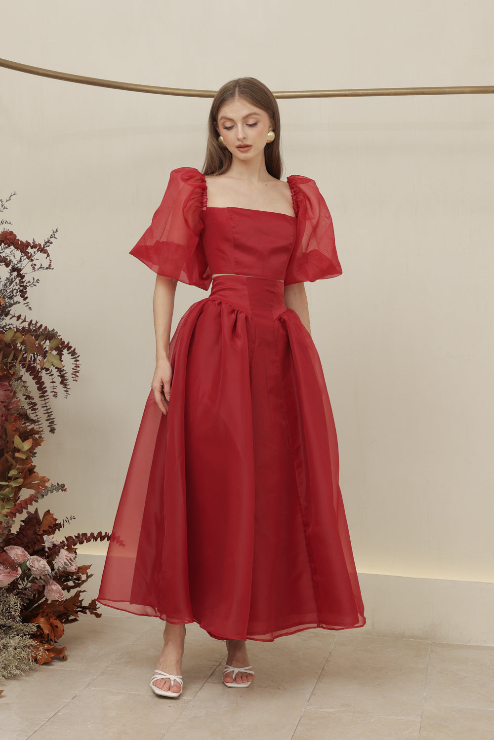 PERLA SET Puff Sleeve Top with Baroque Style High Waist Midi Skirt (Maroon Organdy)