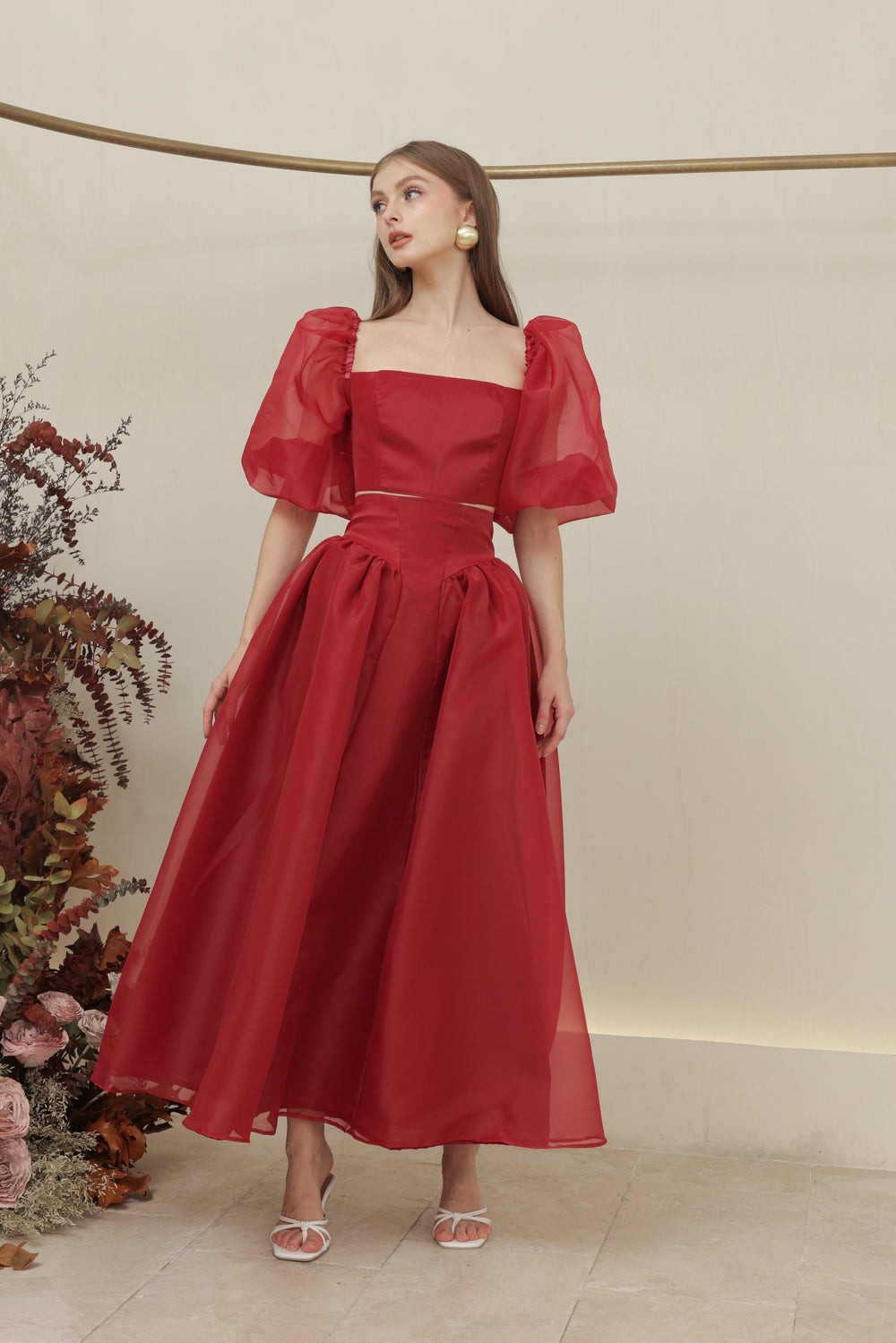 PERLA SET Puff Sleeve Top with Baroque Style High Waist Midi Skirt (Maroon Organdy)