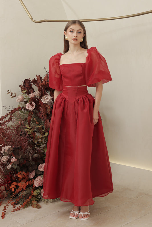 PERLA SET Puff Sleeve Top with Baroque Style High Waist Midi Skirt (Maroon Organdy)