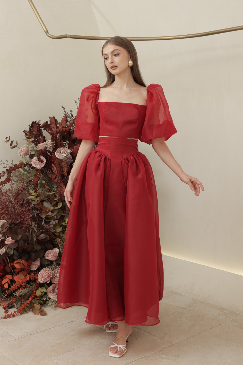 PERLA SET Puff Sleeve Top with Baroque Style High Waist Midi Skirt (Maroon Organdy)
