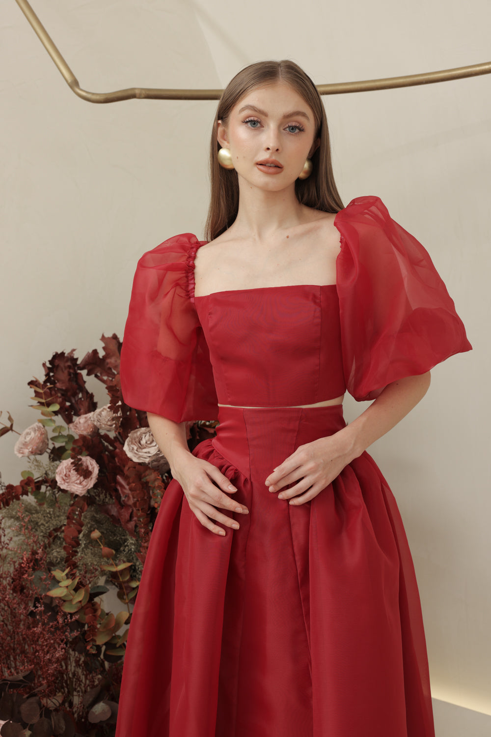 PERLA SET Puff Sleeve Top with Baroque Style High Waist Midi Skirt (Maroon Organdy)