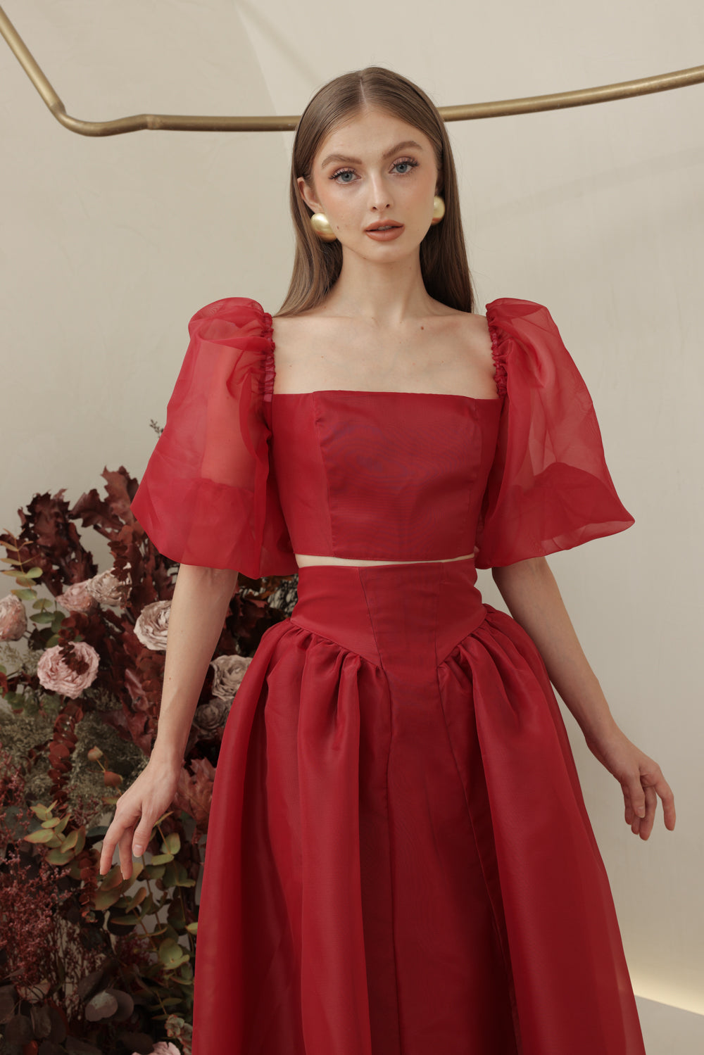 PERLA SET Puff Sleeve Top with Baroque Style High Waist Midi Skirt (Maroon Organdy)