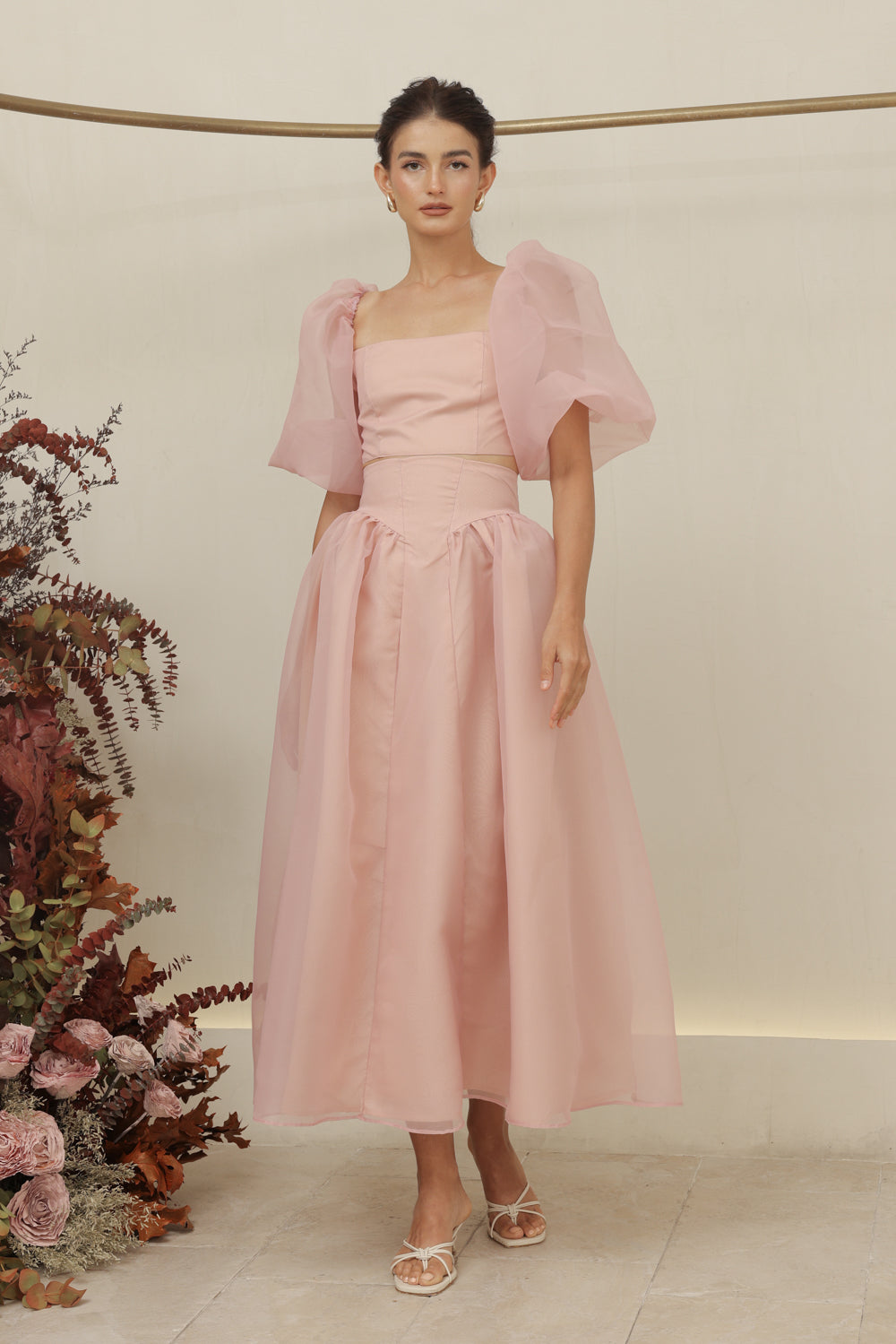 PERLA SET Puff Sleeve Top with Baroque Style High Waist Midi SkirT (Blush Matte Organdy)