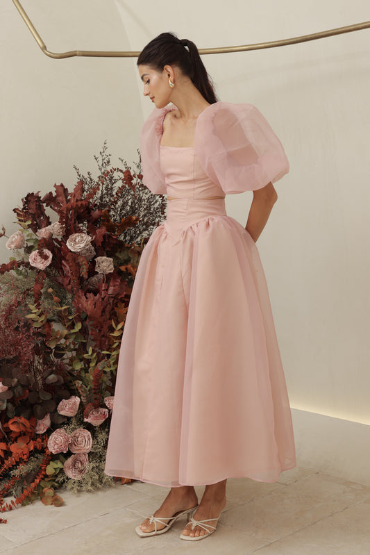 PERLA SET Puff Sleeve Top with Baroque Style High Waist Midi Skirt (Old Rose Organdy)