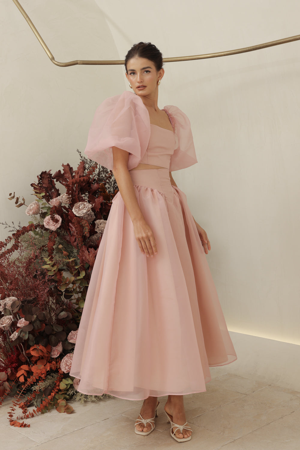PERLA SET Puff Sleeve Top with Baroque Style High Waist Midi SkirT (Blush Matte Organdy)
