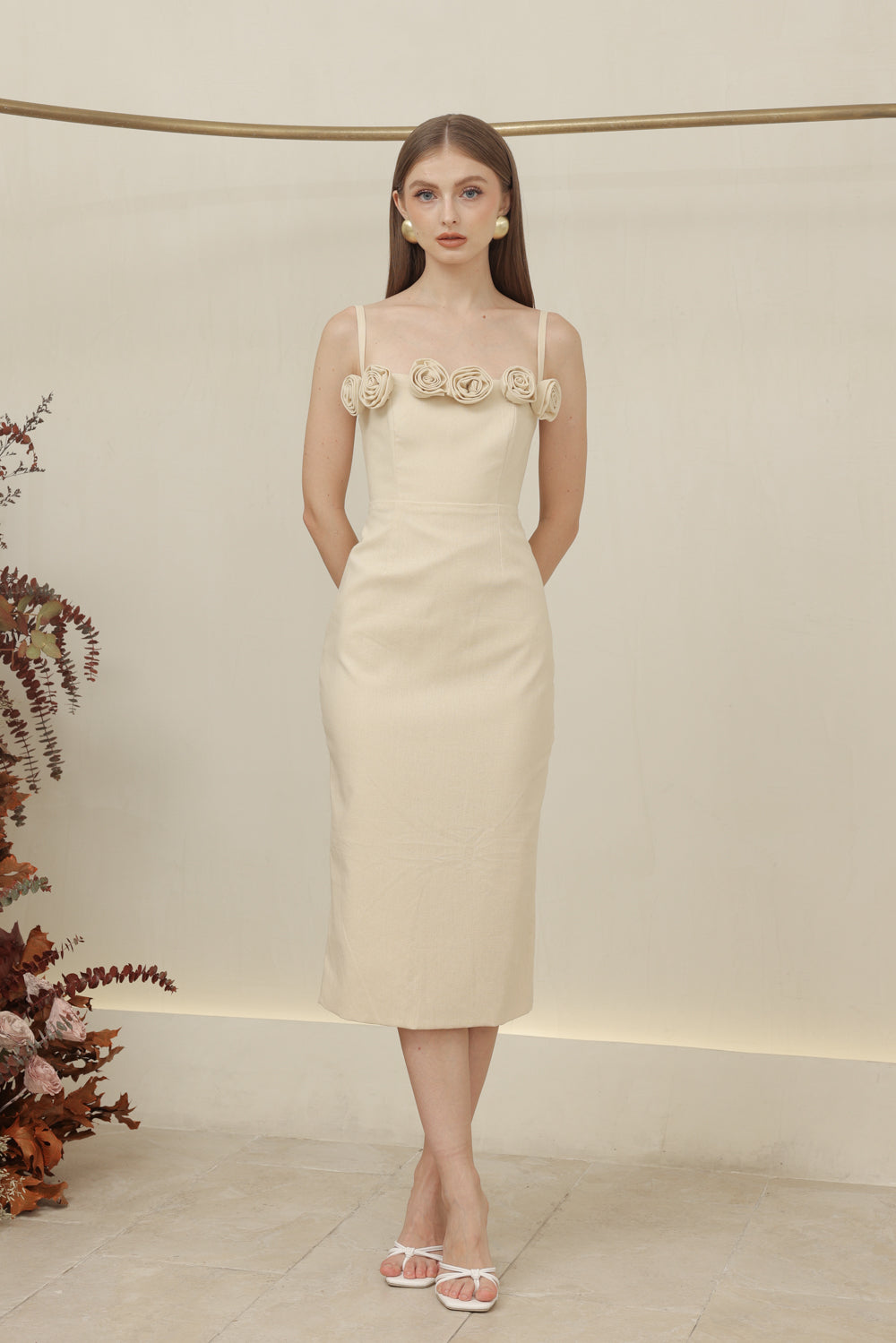 MONET DRESS Straight Neckline Strappy Midi Pencil Skirt Dress with Floral Details (Nude Linen)