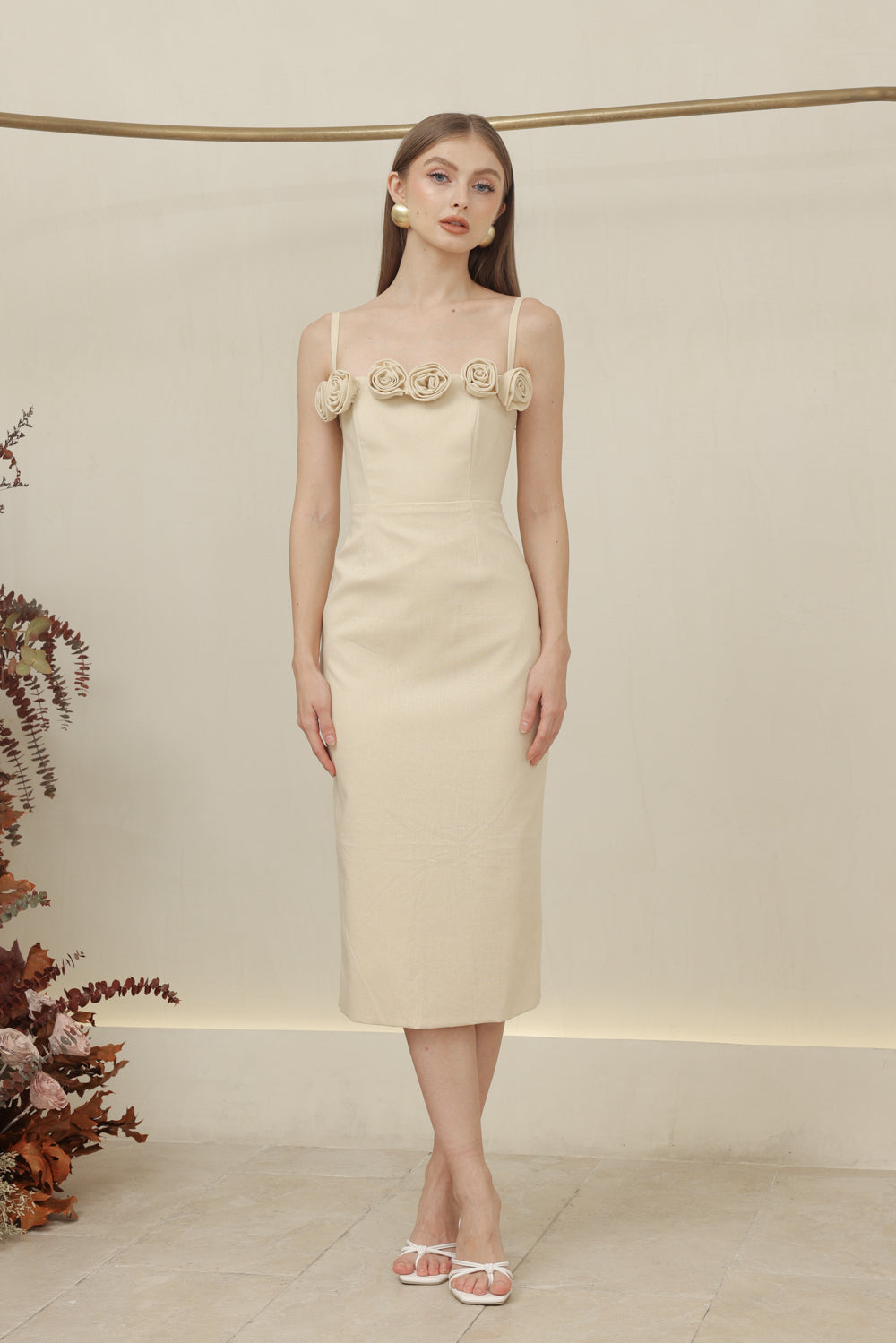 MONET DRESS Straight Neckline Strappy Midi Pencil Skirt Dress with Floral Details (Nude Linen)