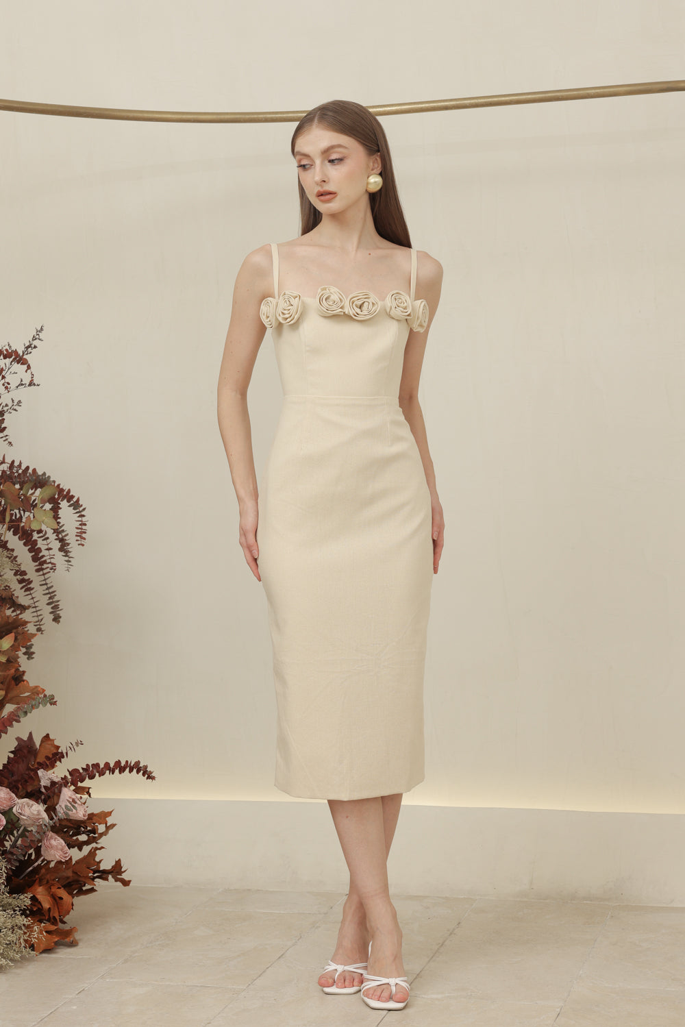 MONET DRESS Straight Neckline Strappy Midi Pencil Skirt Dress with Floral Details (Nude Linen)