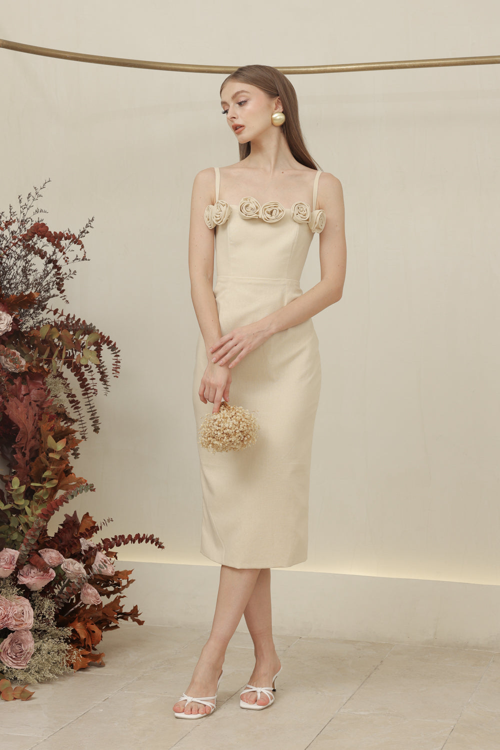 MONET DRESS Straight Neckline Strappy Midi Pencil Skirt Dress with Floral Details (Nude Linen)