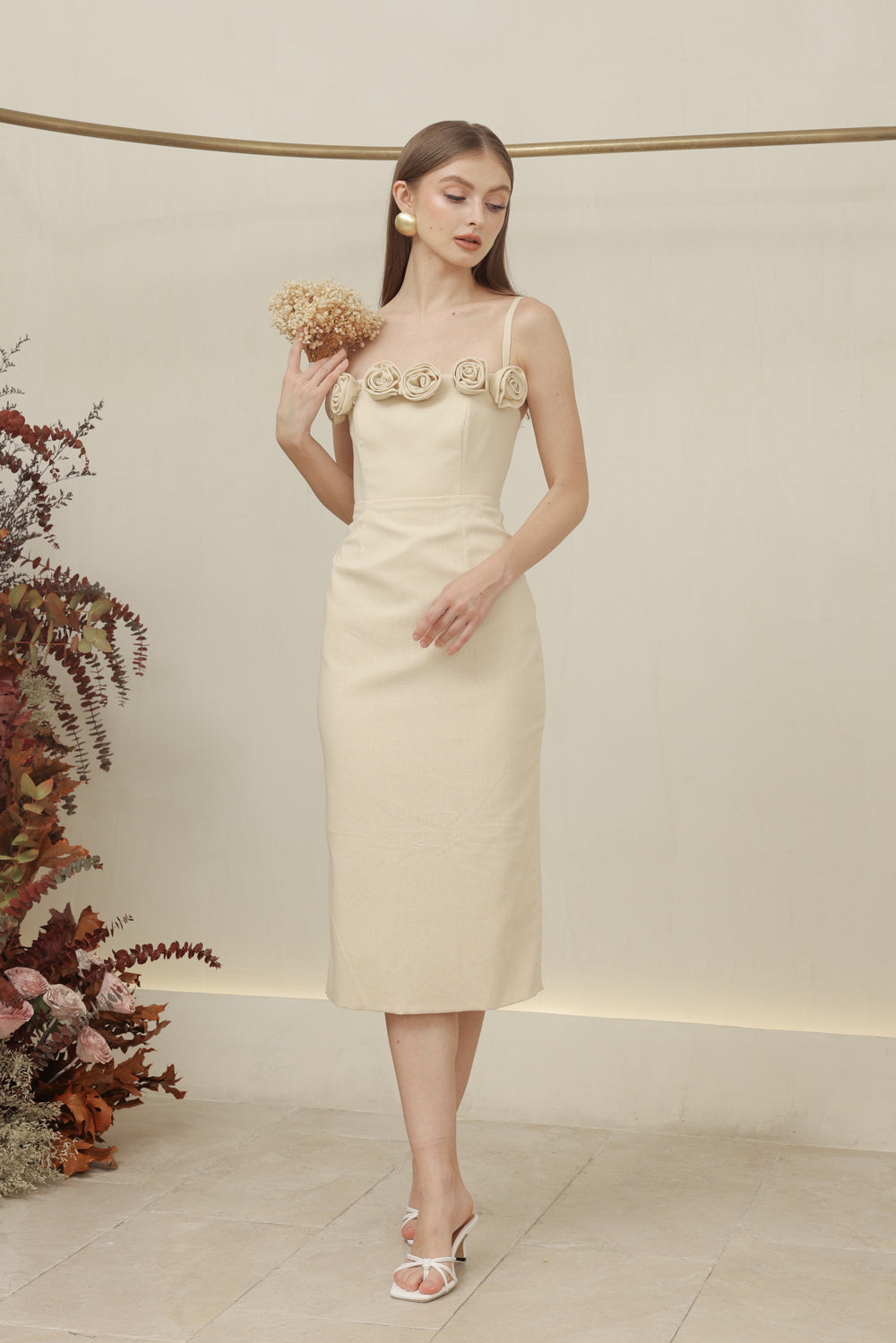 MONET DRESS Straight Neckline Strappy Midi Pencil Skirt Dress with Floral Details (Nude Linen)