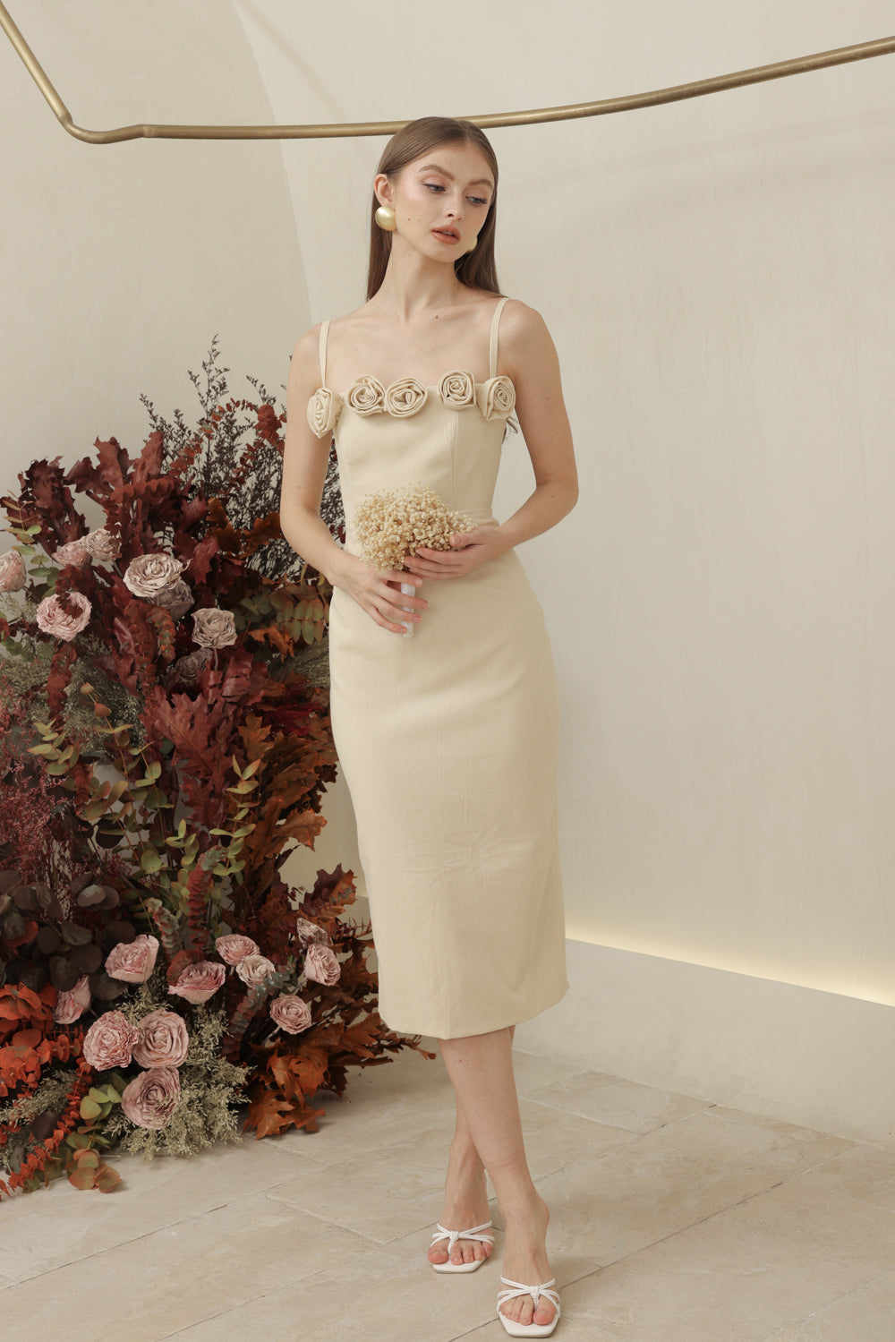 MONET DRESS Straight Neckline Strappy Midi Pencil Skirt Dress with Floral Details (Nude Linen)