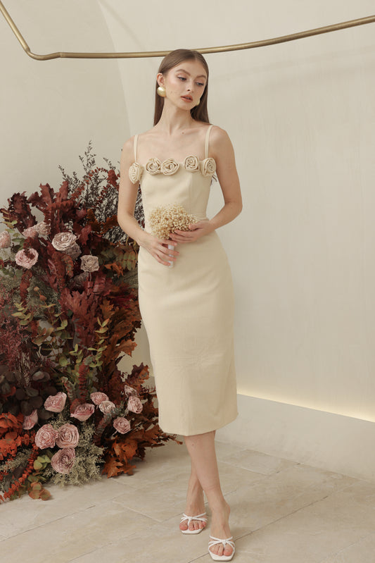 MONET DRESS Straight Neckline Strappy Midi Pencil Skirt Dress with Floral Details (Nude Linen)