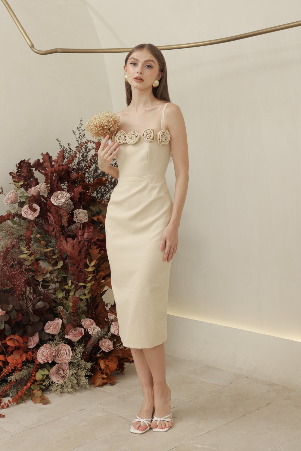 MONET DRESS Straight Neckline Strappy Midi Pencil Skirt Dress with Floral Details (Nude Linen)