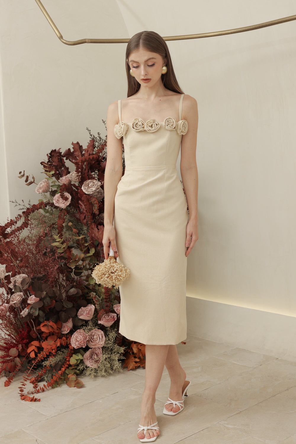 MONET DRESS Straight Neckline Strappy Midi Pencil Skirt Dress with Floral Details (Nude Linen)