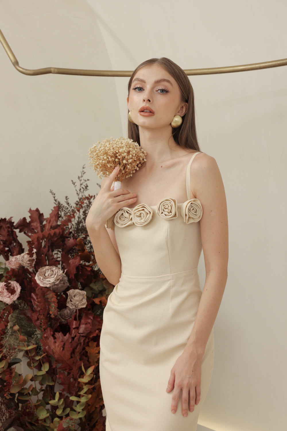 MONET DRESS Straight Neckline Strappy Midi Pencil Skirt Dress with Floral Details (Nude Linen)