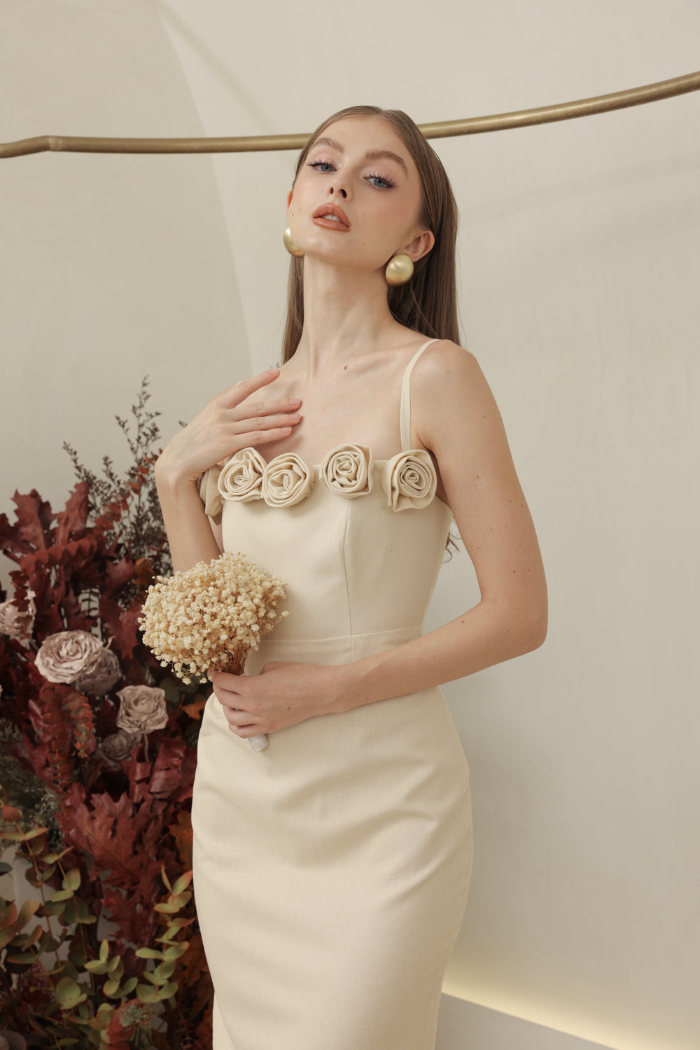 MONET DRESS Straight Neckline Strappy Midi Pencil Skirt Dress with Floral Details (Nude Linen)