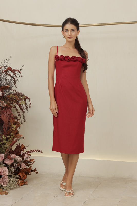 MONET DRESS Straight Neckline Strappy Midi Pencil Skirt Dress with Floral Details (Maroon Linen)