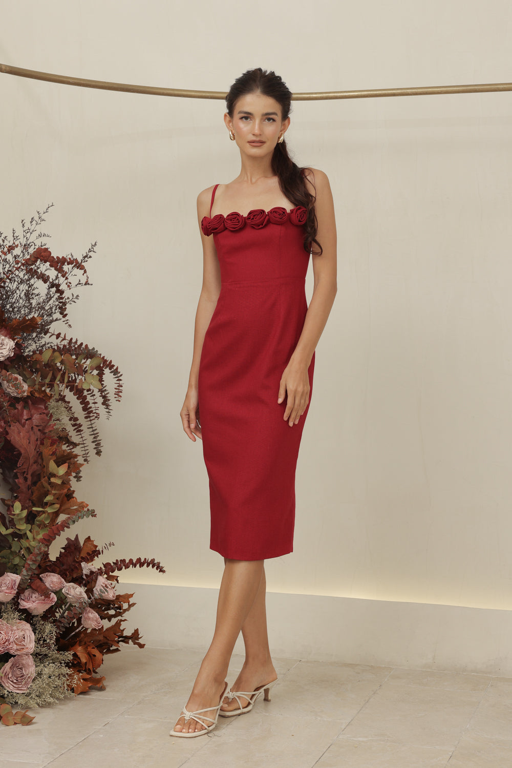 MONET DRESS Straight Neckline Strappy Midi Pencil Skirt Dress with Floral Details (Maroon Linen)