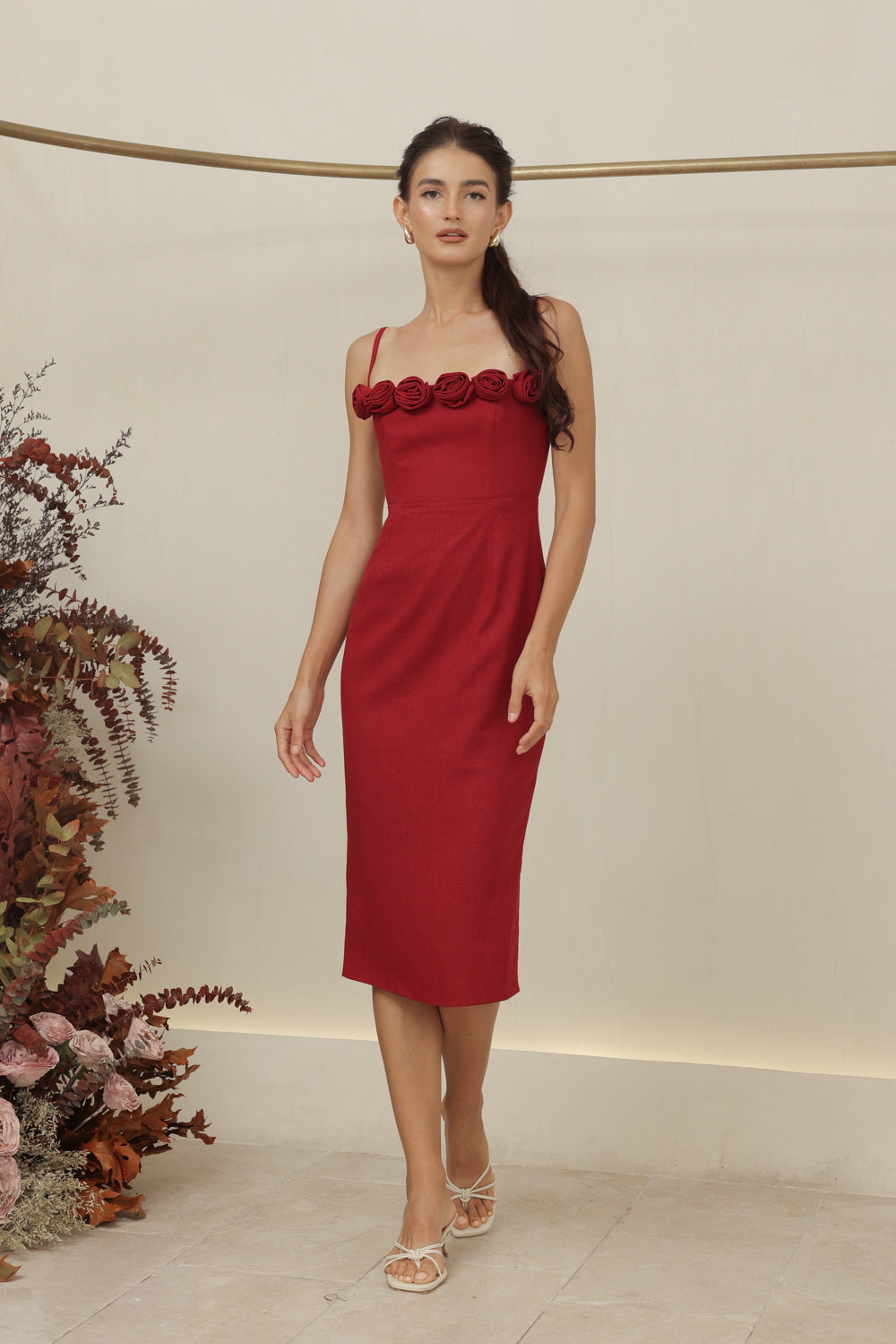 MONET DRESS Straight Neckline Strappy Midi Pencil Skirt Dress with Floral Details (Maroon Linen)