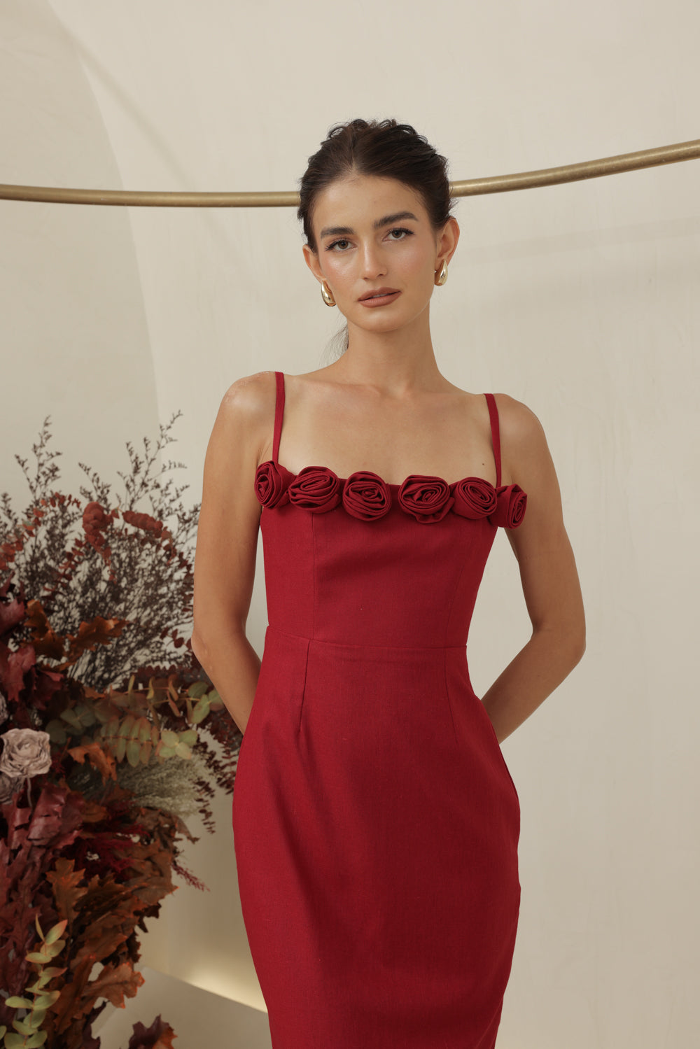 MONET DRESS Straight Neckline Strappy Midi Pencil Skirt Dress with Floral Details (Maroon Linen)