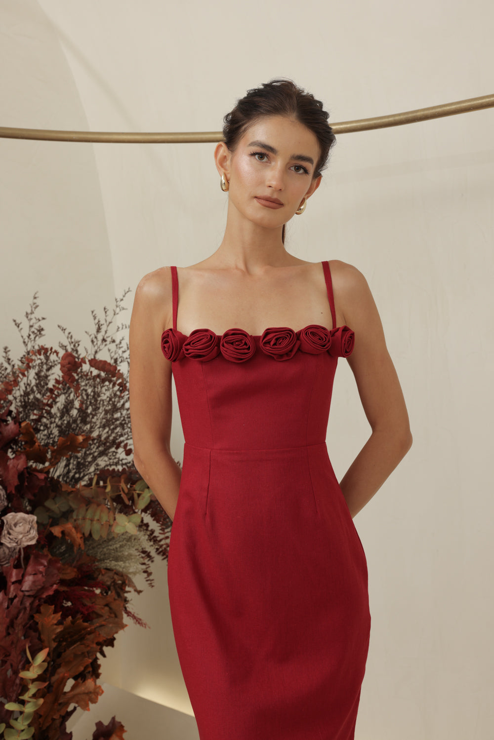 MONET DRESS Straight Neckline Strappy Midi Pencil Skirt Dress with Floral Details (Maroon Linen)