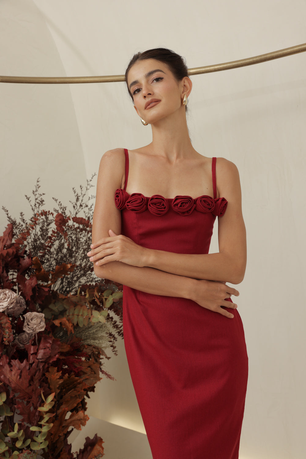 MONET DRESS Straight Neckline Strappy Midi Pencil Skirt Dress with Floral Details (Maroon Linen)