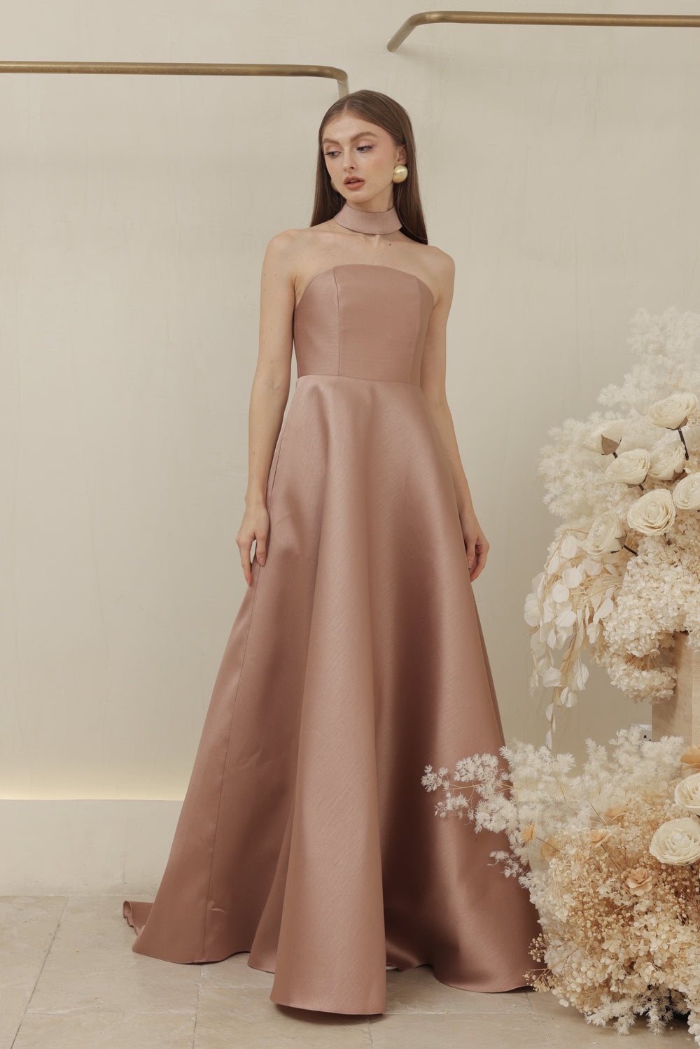 ALLURA DRESS Curved Neckline Long Gown with Trail and Covered Buttons (Taupe Gazaar)