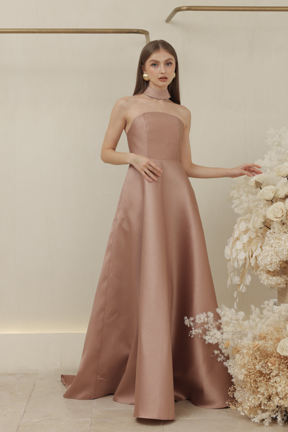 ALLURA DRESS Curved Neckline Long Gown with Trail and Covered Buttons (Taupe Gazaar)