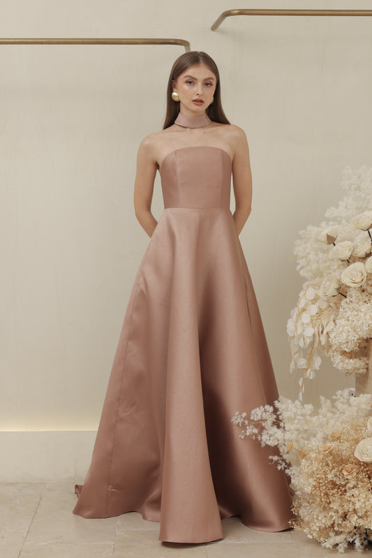 ALLURA DRESS Curved Neckline Long Gown with Trail and Covered Buttons (Taupe Gazaar)