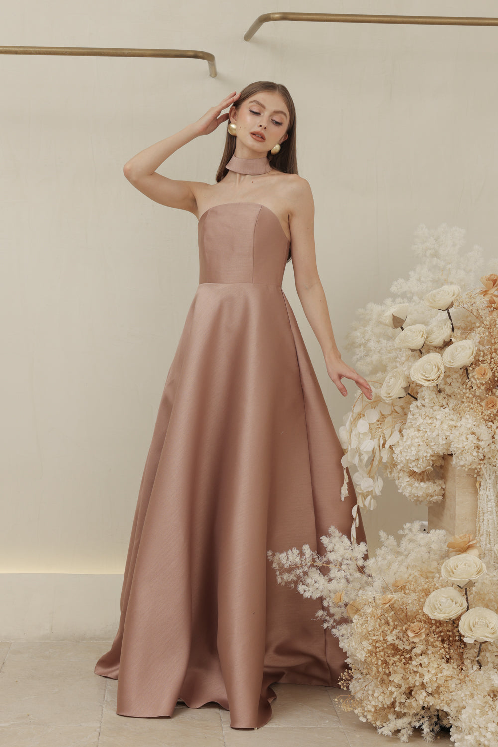 ALLURA DRESS Curved Neckline Long Gown with Trail and Covered Buttons (Taupe Gazaar)