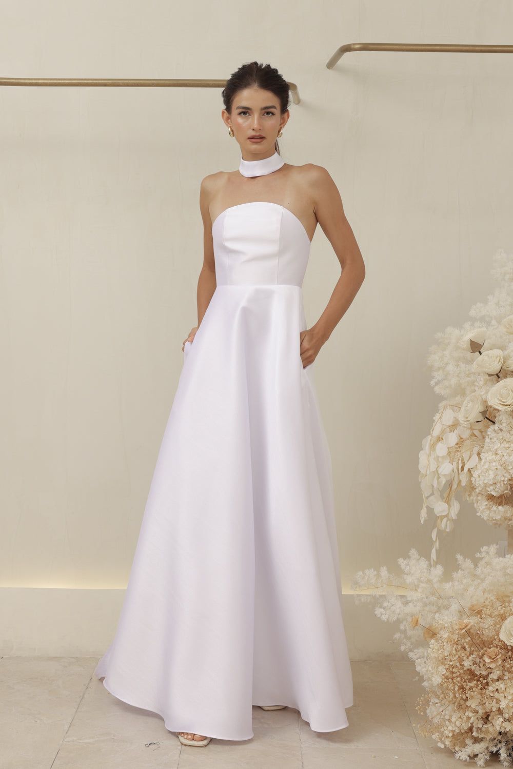 ALLURA DRESS Curved Neckline Long Gown with Trail and Covered Buttons (White Gazaar)