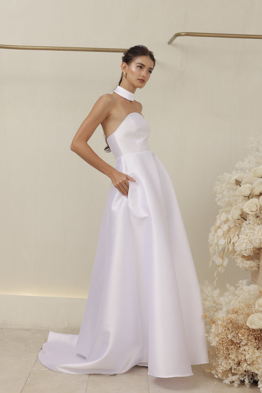 ALLURA DRESS Curved Neckline Long Gown with Trail and Covered Buttons (White Gazaar)