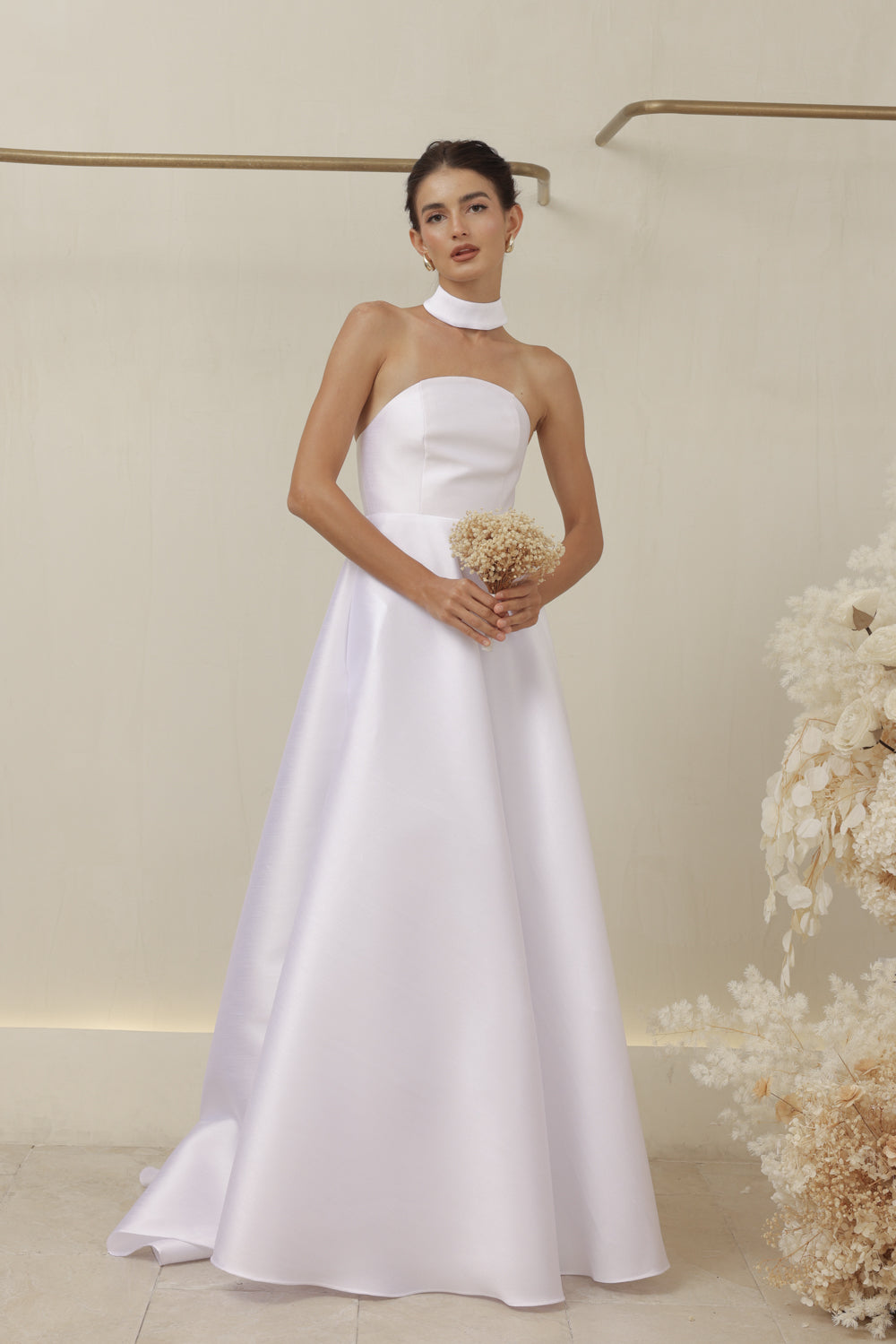 ALLURA DRESS Curved Neckline Long Gown with Trail and Covered Buttons (White Gazaar)