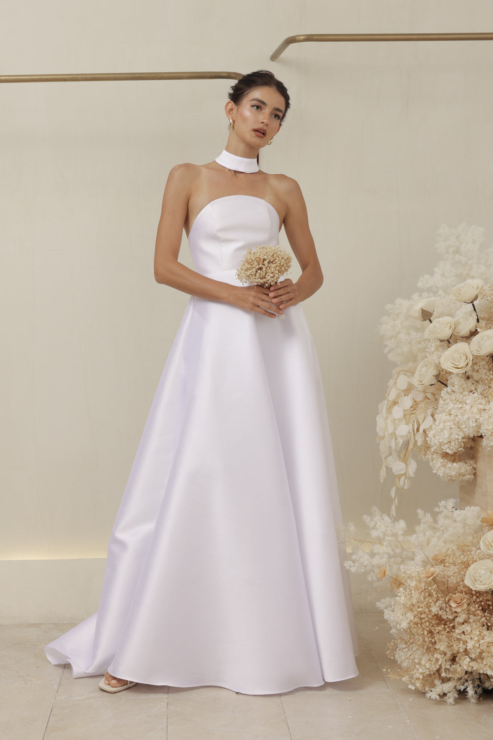 ALLURA DRESS Curved Neckline Long Gown with Trail and Covered Buttons (White Gazaar)