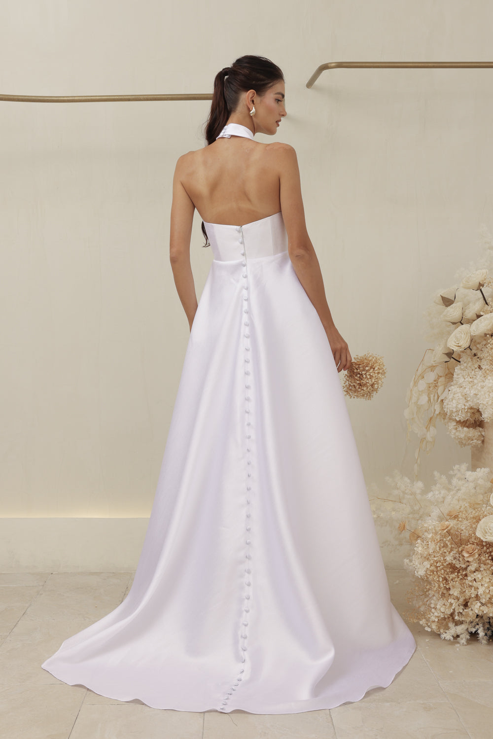 ALLURA DRESS Curved Neckline Long Gown with Trail and Covered Buttons (White Gazaar)