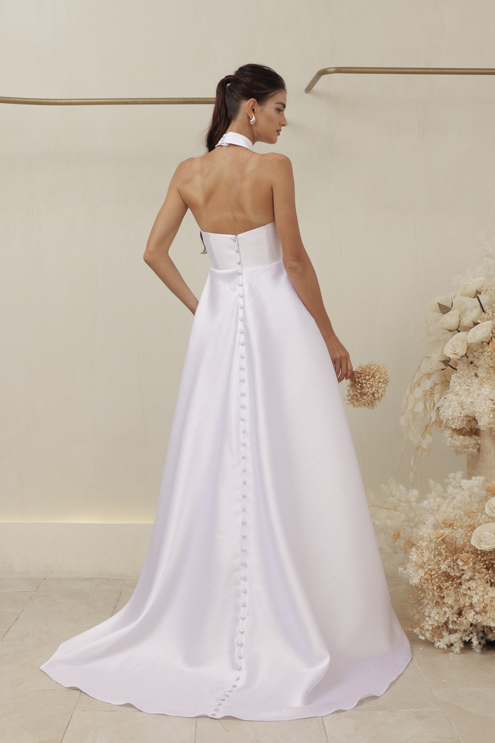 ALLURA DRESS Curved Neckline Long Gown with Trail and Covered Buttons (White Gazaar)