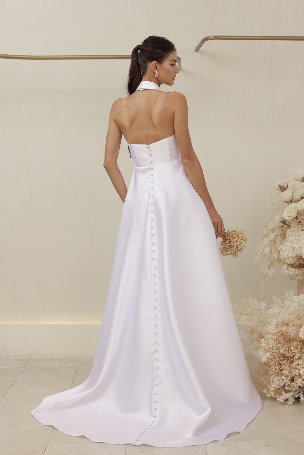 ALLURA DRESS Curved Neckline Long Gown with Trail and Covered Buttons (White Gazaar)