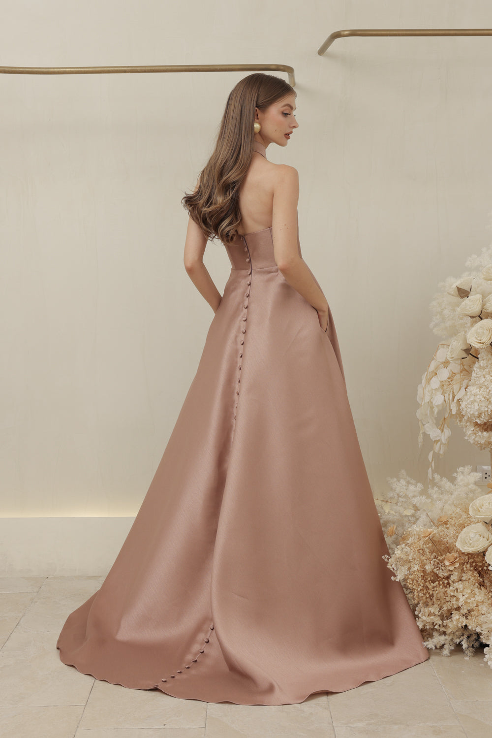 ALLURA DRESS Curved Neckline Long Gown with Trail and Covered Buttons (Taupe Gazaar)