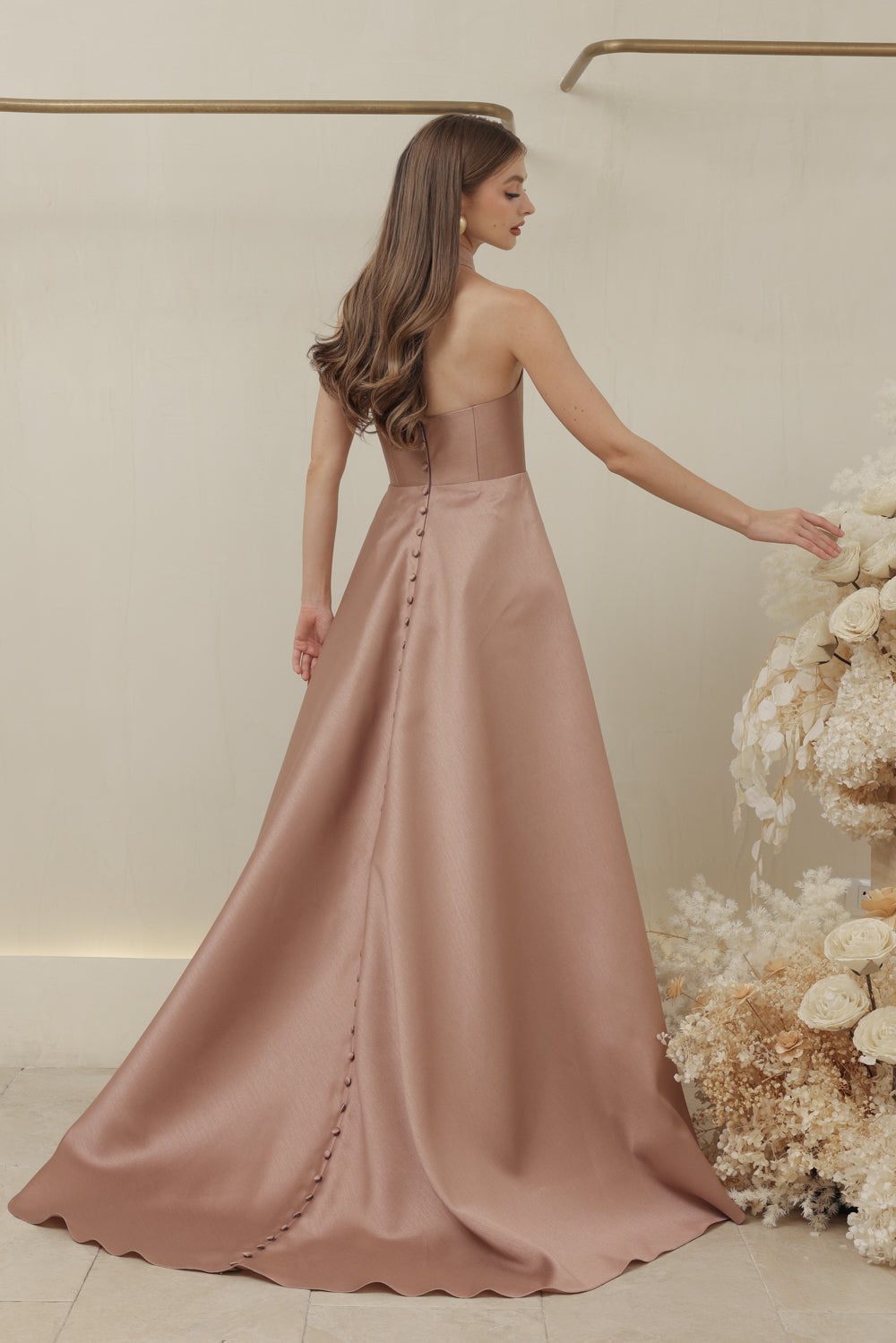 ALLURA DRESS Curved Neckline Long Gown with Trail and Covered Buttons (Taupe Gazaar)