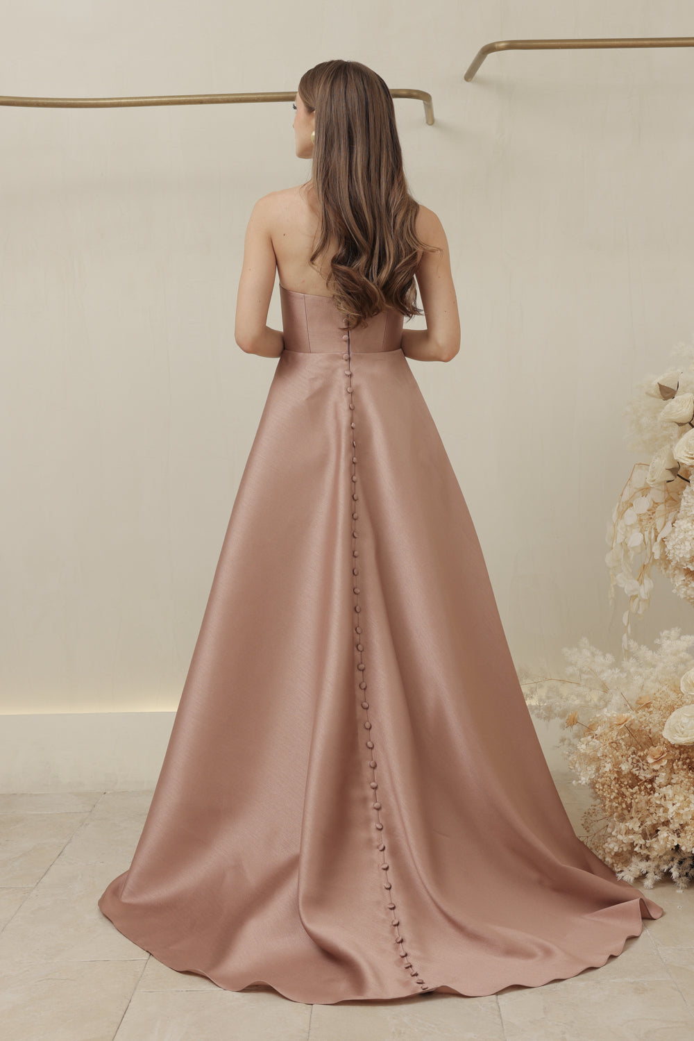 ALLURA DRESS Curved Neckline Long Gown with Trail and Covered Buttons (Taupe Gazaar)