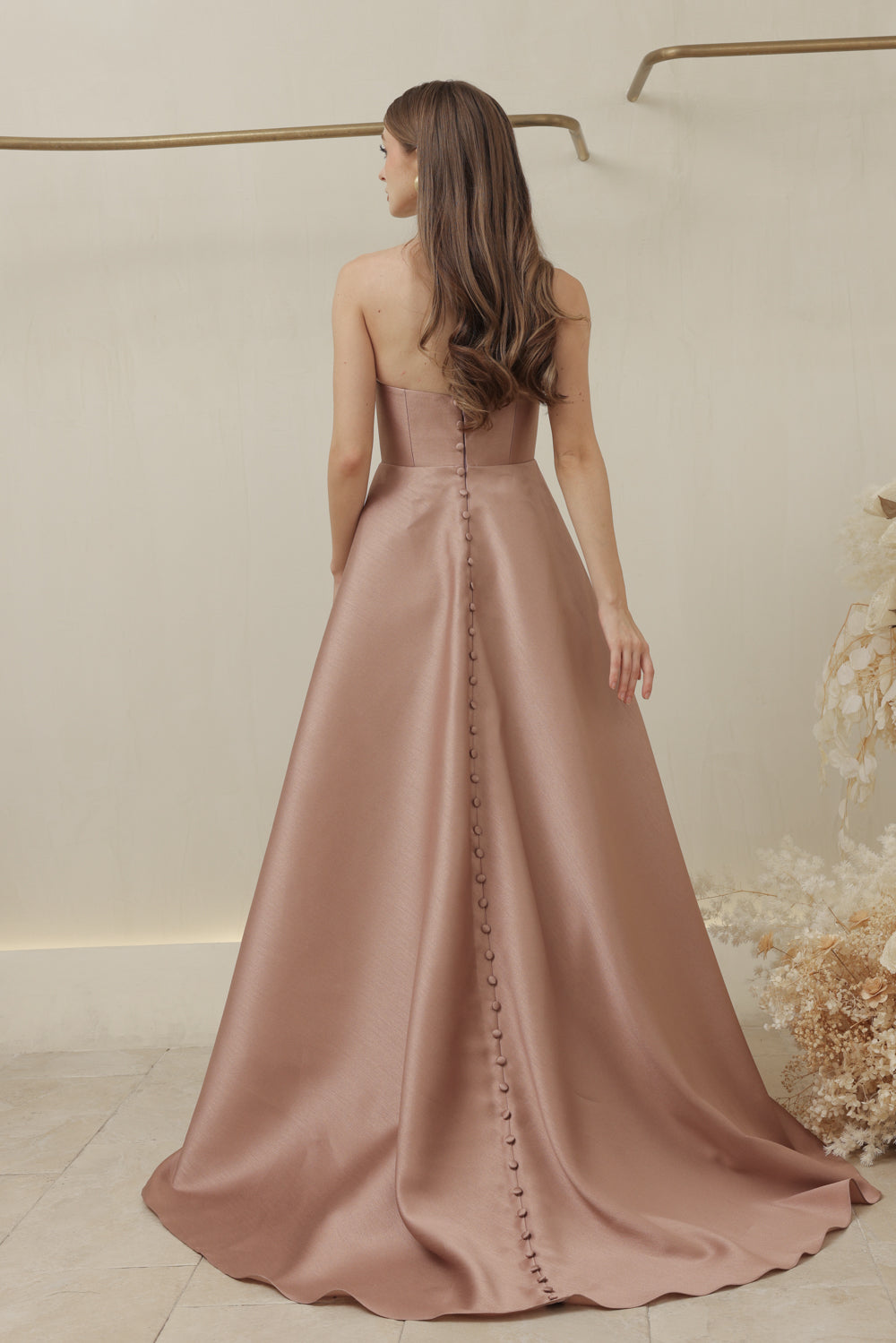 ALLURA DRESS Curved Neckline Long Gown with Trail and Covered Buttons (Taupe Gazaar)