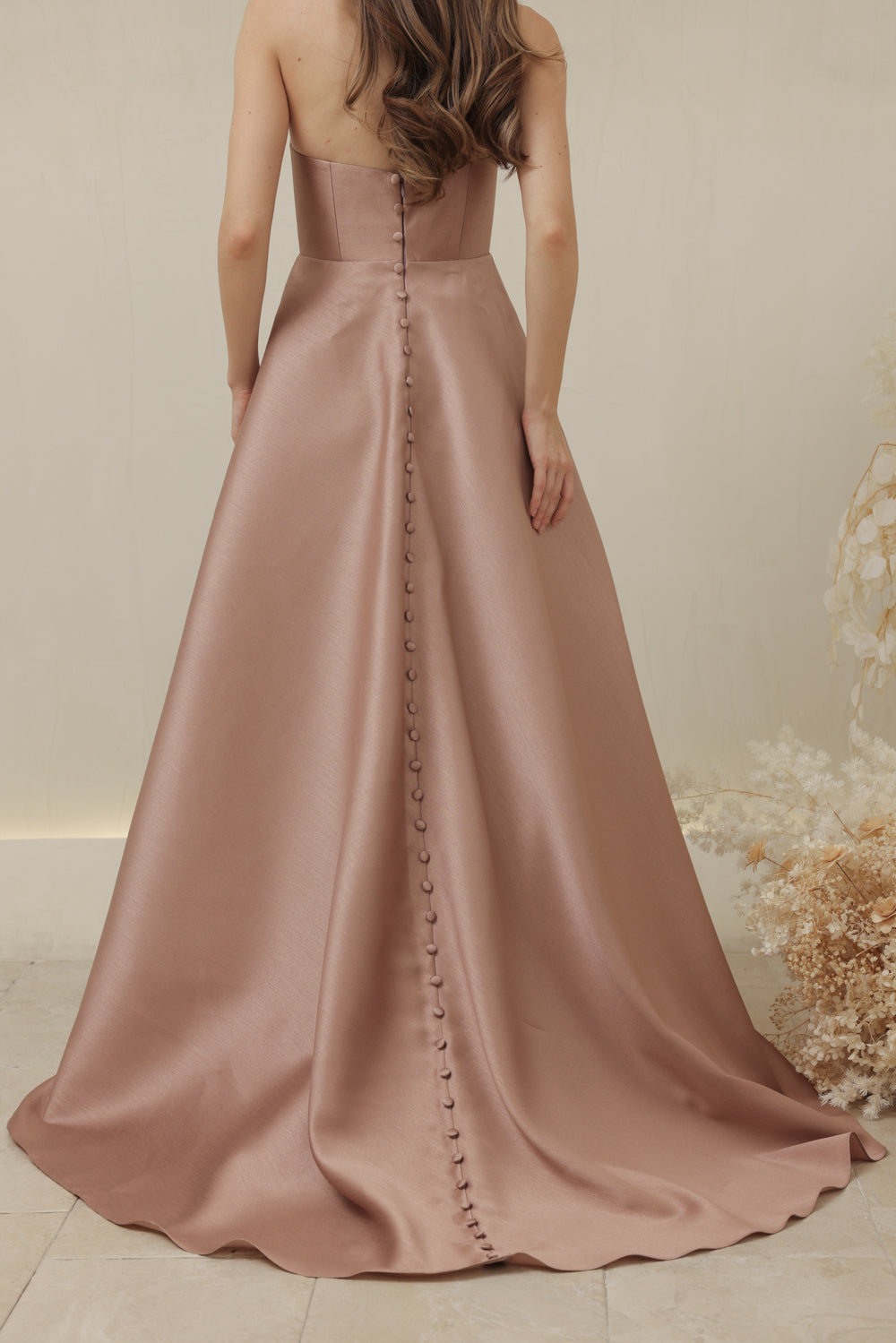 ALLURA DRESS Curved Neckline Long Gown with Trail and Covered Buttons (Taupe Gazaar)