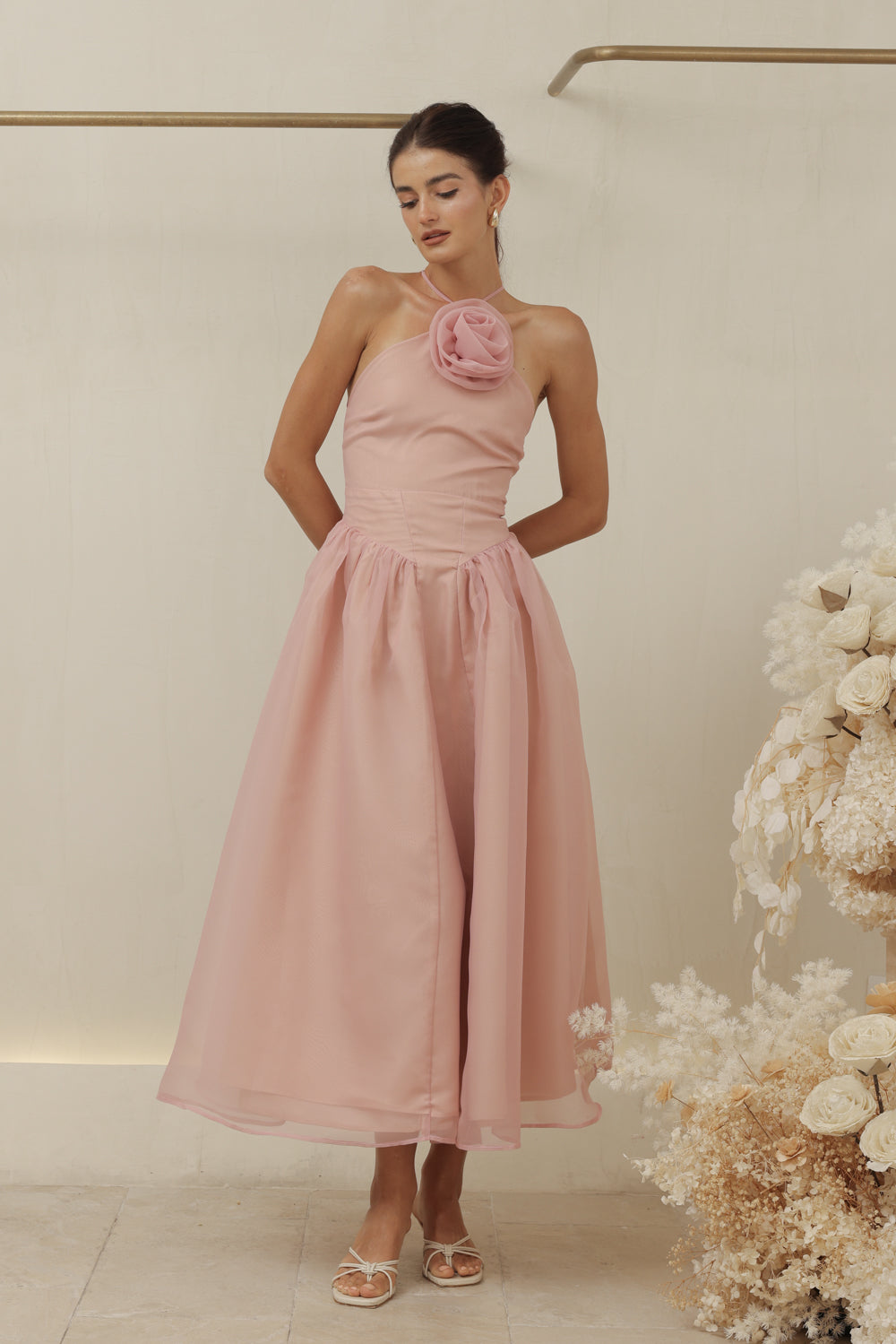 CELESTE Sleeveless Baroque Style Waist  Midi Dress with Floral Detail on Neckline (Blush Organza)